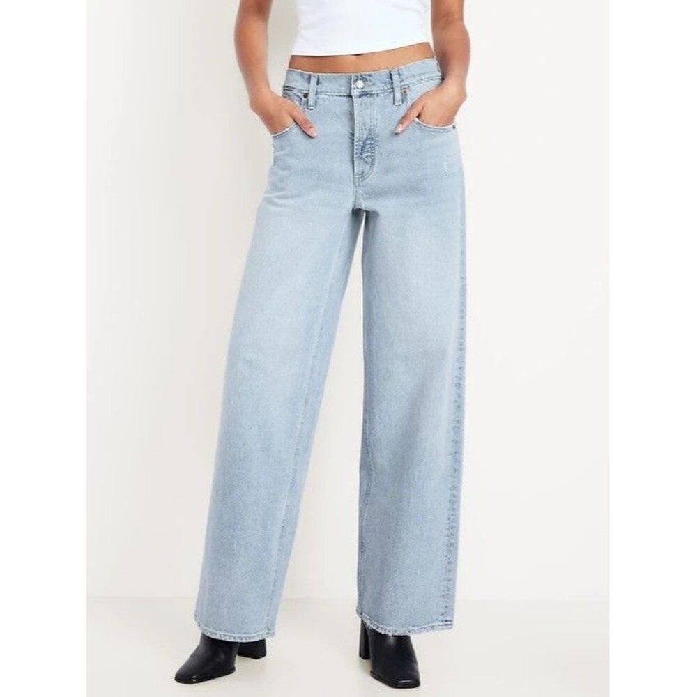 Old Navy Slouchy Wide-Leg Jeans Women 8 Blue Light Wash Button Fly DistressedNEW